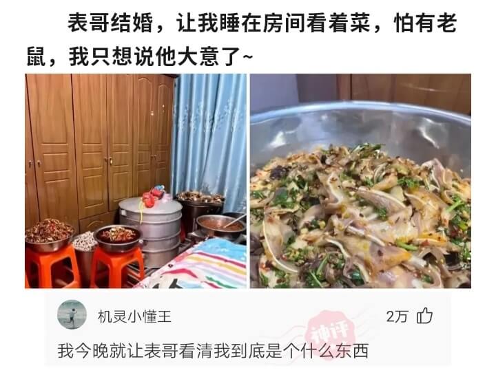 表哥结婚，让我睡在房间看着菜，怕有老鼠，我只想说他大意了~机