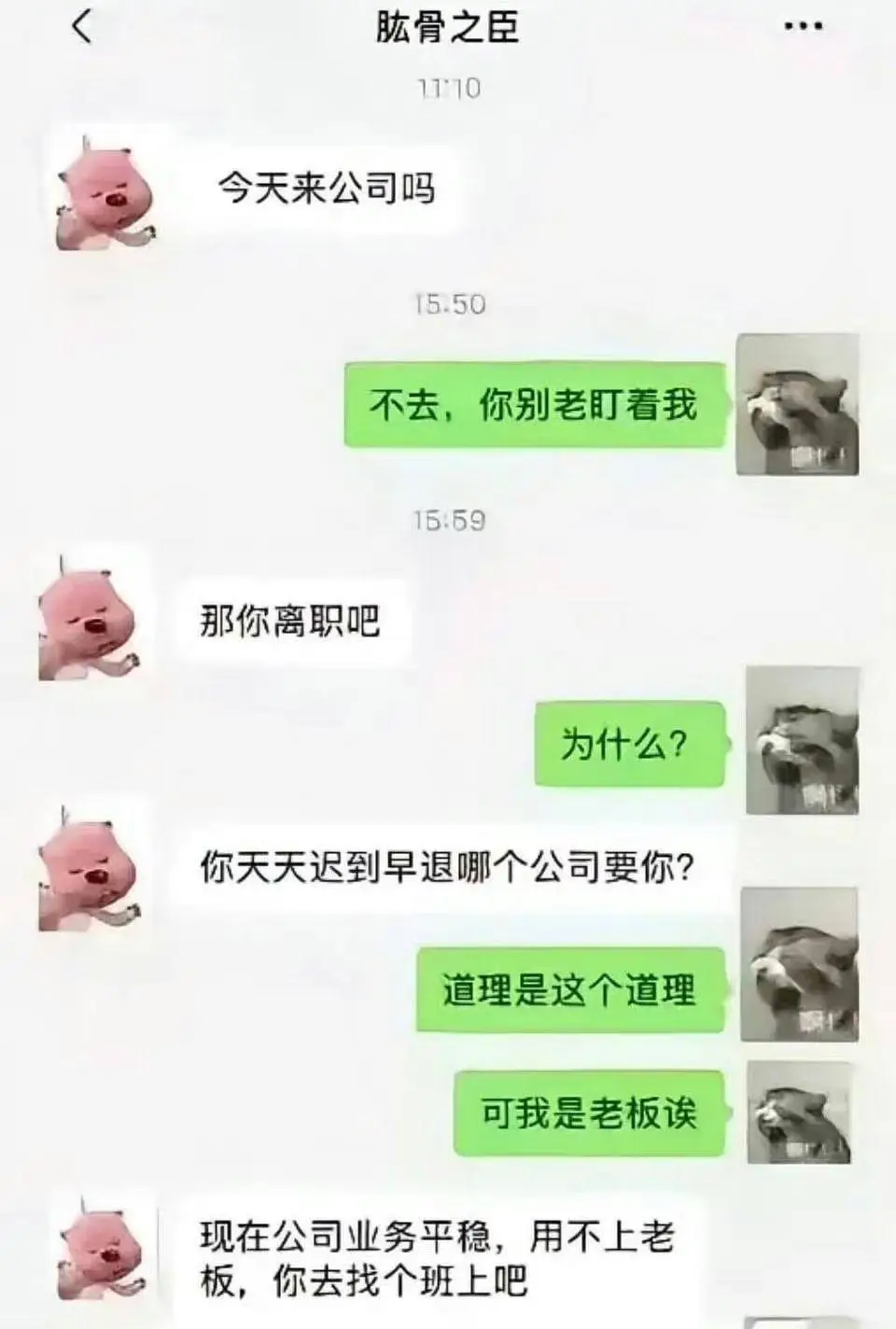 肱骨之臣11:10今天来公司吗15:50不去，你别老盯着我1