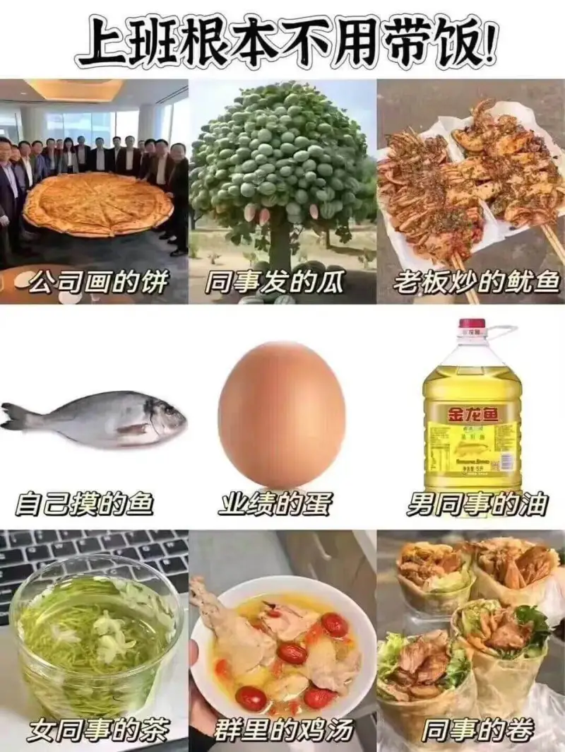 上班根本不用带饭！公司画的饼，同事发的瓜，老板炒的鱿鱼。女同