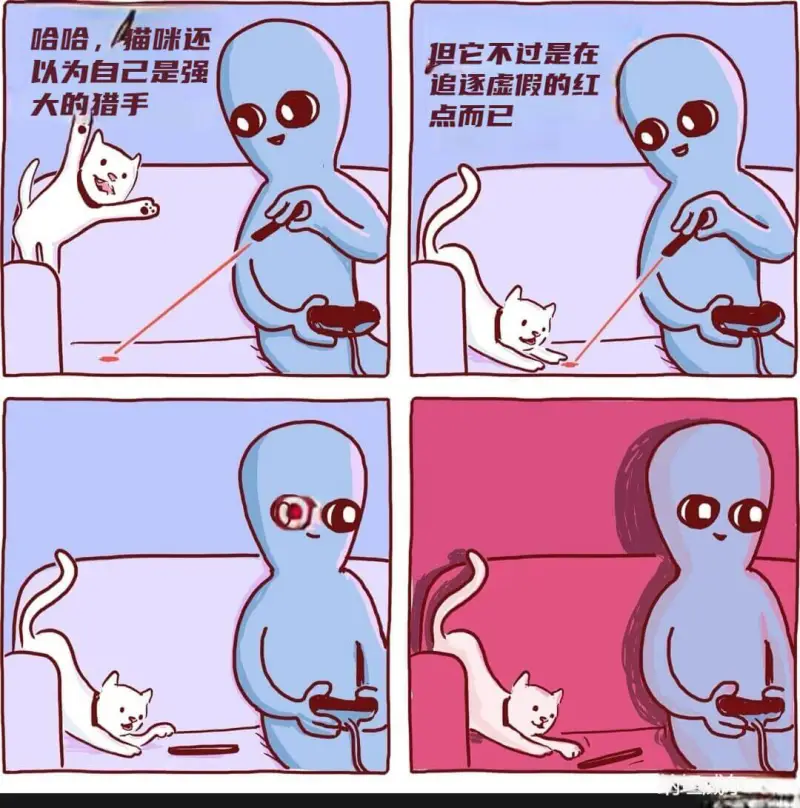 哈哈，猫咪还以为自己是强大的猎手。但它不过是在追逐虚假的红点