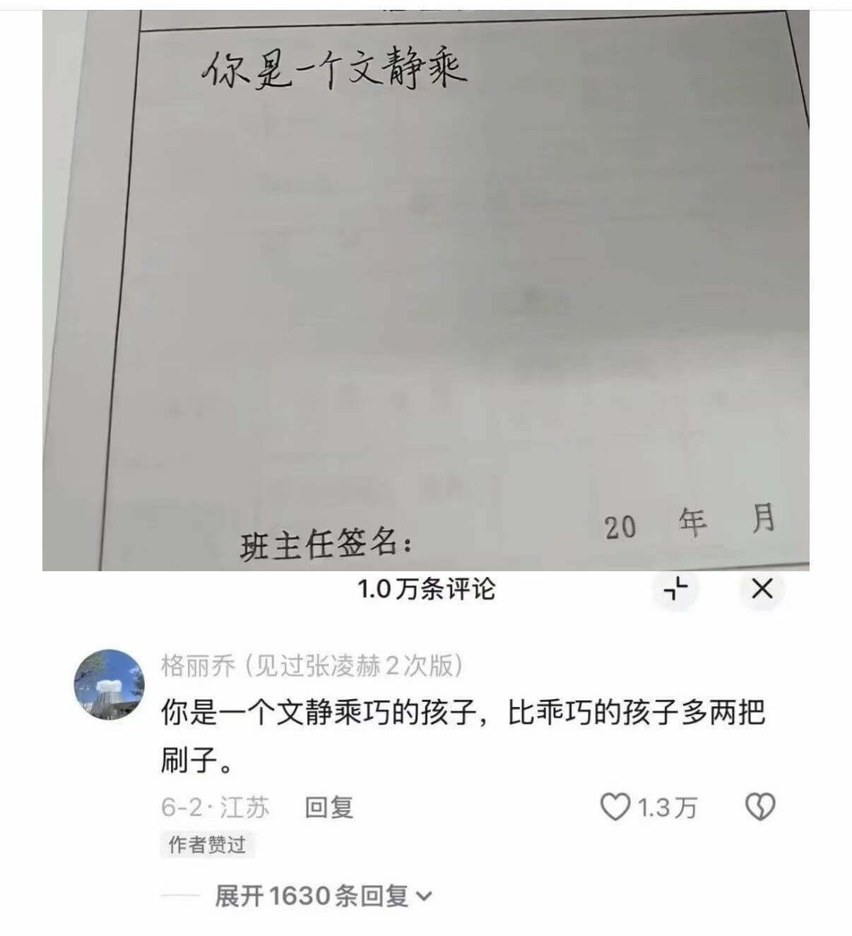 你是一个文静乖巧的孩子，比乖巧的孩子多两把刷子。20年月班主