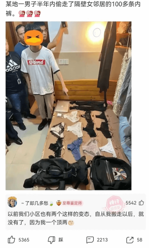 某地一男子半年内偷走了隔壁女邻居的100多条内裤。Wdrmd