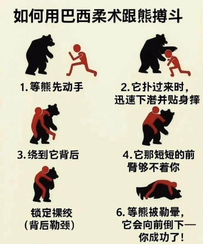 如何用巴西柔术跟熊搏斗1.等熊先动手2.它扑过来时，迅速下潜