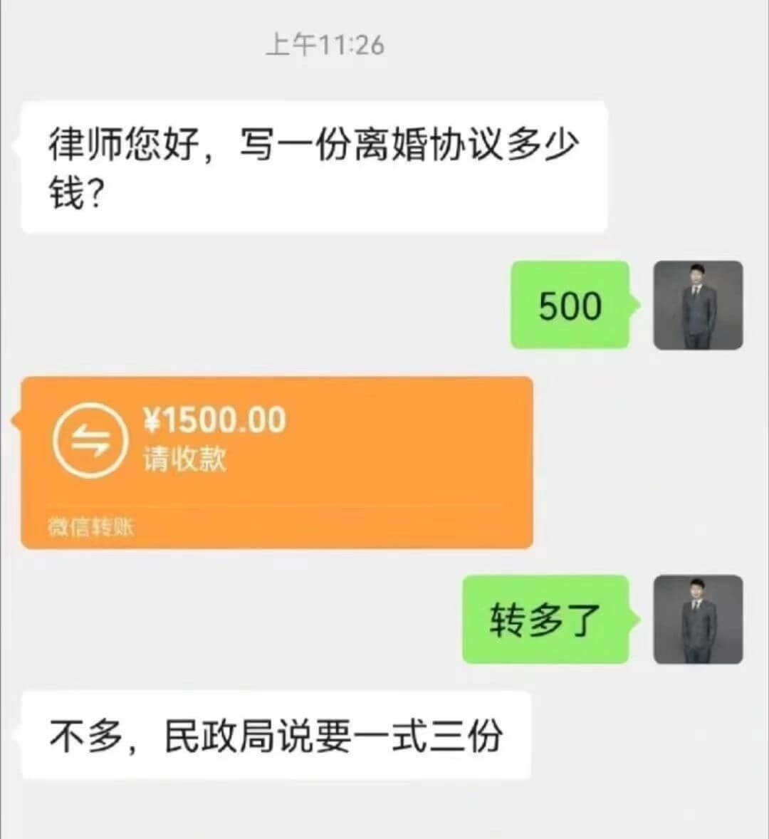 上午11:26律师您好，写一份离婚协议多少钱？500￥150