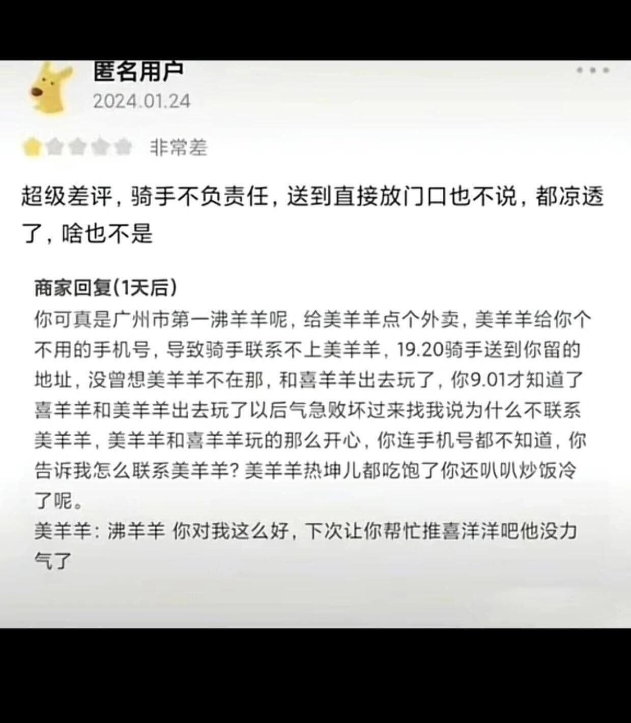 匿名用户2024.01.24非常差超级差评,骑手不负责任,送