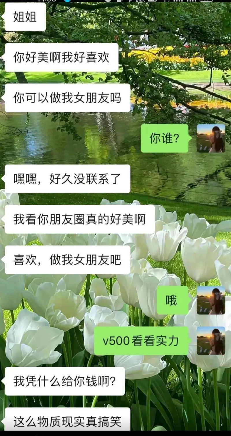 姐姐，你好美啊，我好喜欢。你可以做我女朋友吗？你谁？嘿嘿，好
