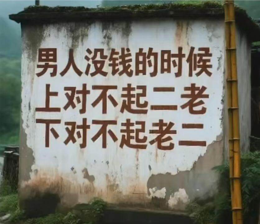 男人没钱的时候，上对不起二老，下对不起老二。