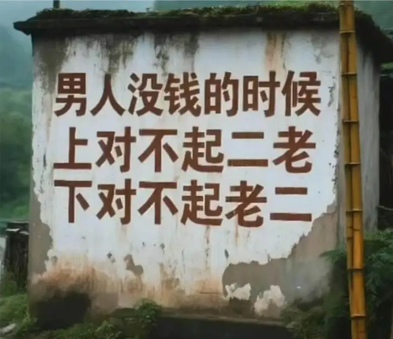 男人没钱的时候，上对不起二老，下对不起老二。