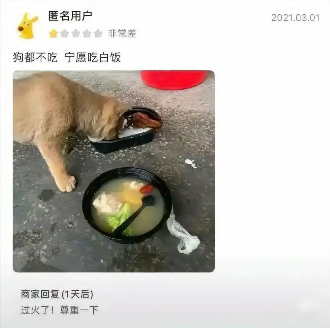 匿名用户非常差狗都不吃宁愿吃白饭商家回复(1天后)过火了!尊