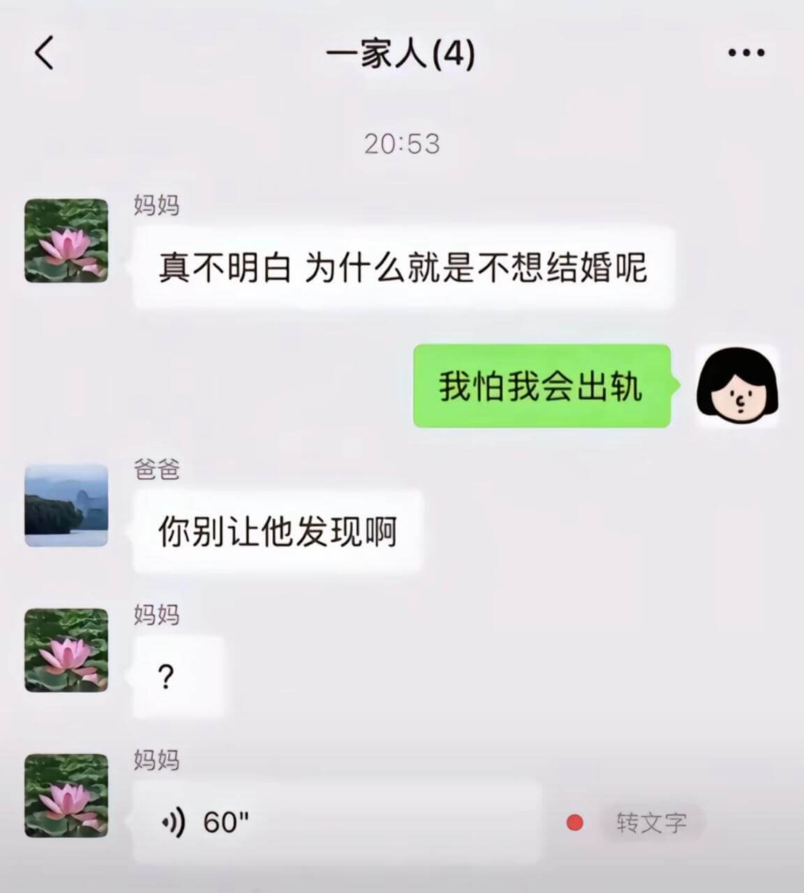 一家人(4)20:53妈妈真不明白为什么就是不想结婚呢我怕我