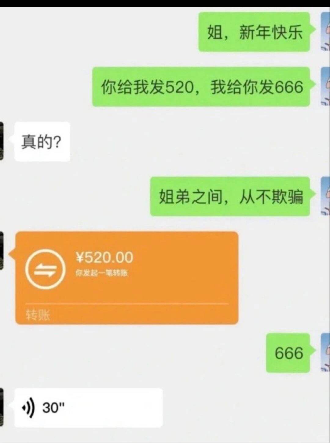 姐，新年快乐你给我发520，我给你发666真的？姐弟之间，从
