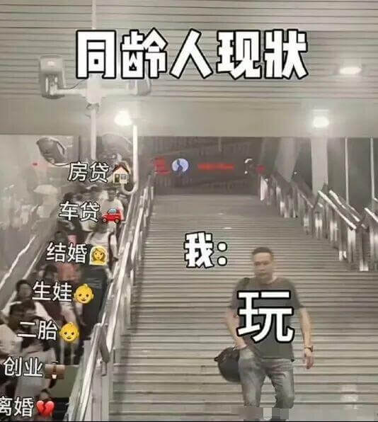 同龄人现状：房贷、车贷。我：结婚、生娃、玩、创业、离婚。