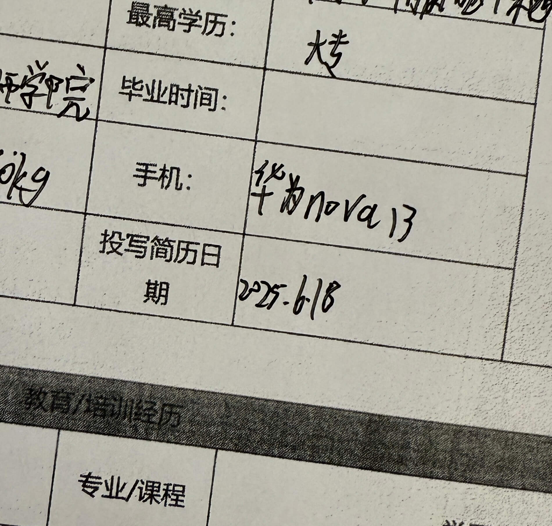 最高学历：学院毕业时间：华nova13手机：投写简历日期：2