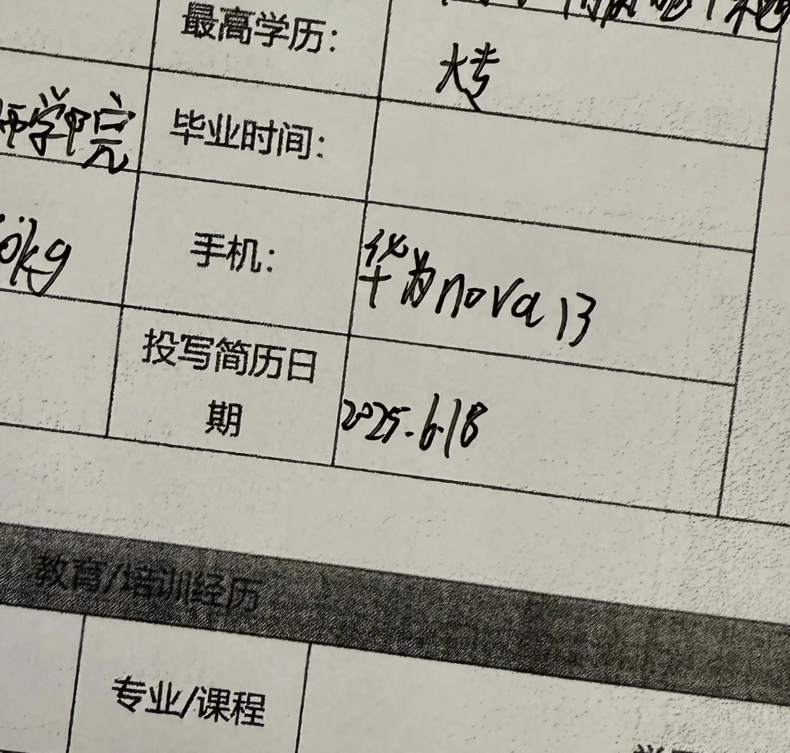 最高学历：学院毕业时间：华nova13手机：投写简历日期：2