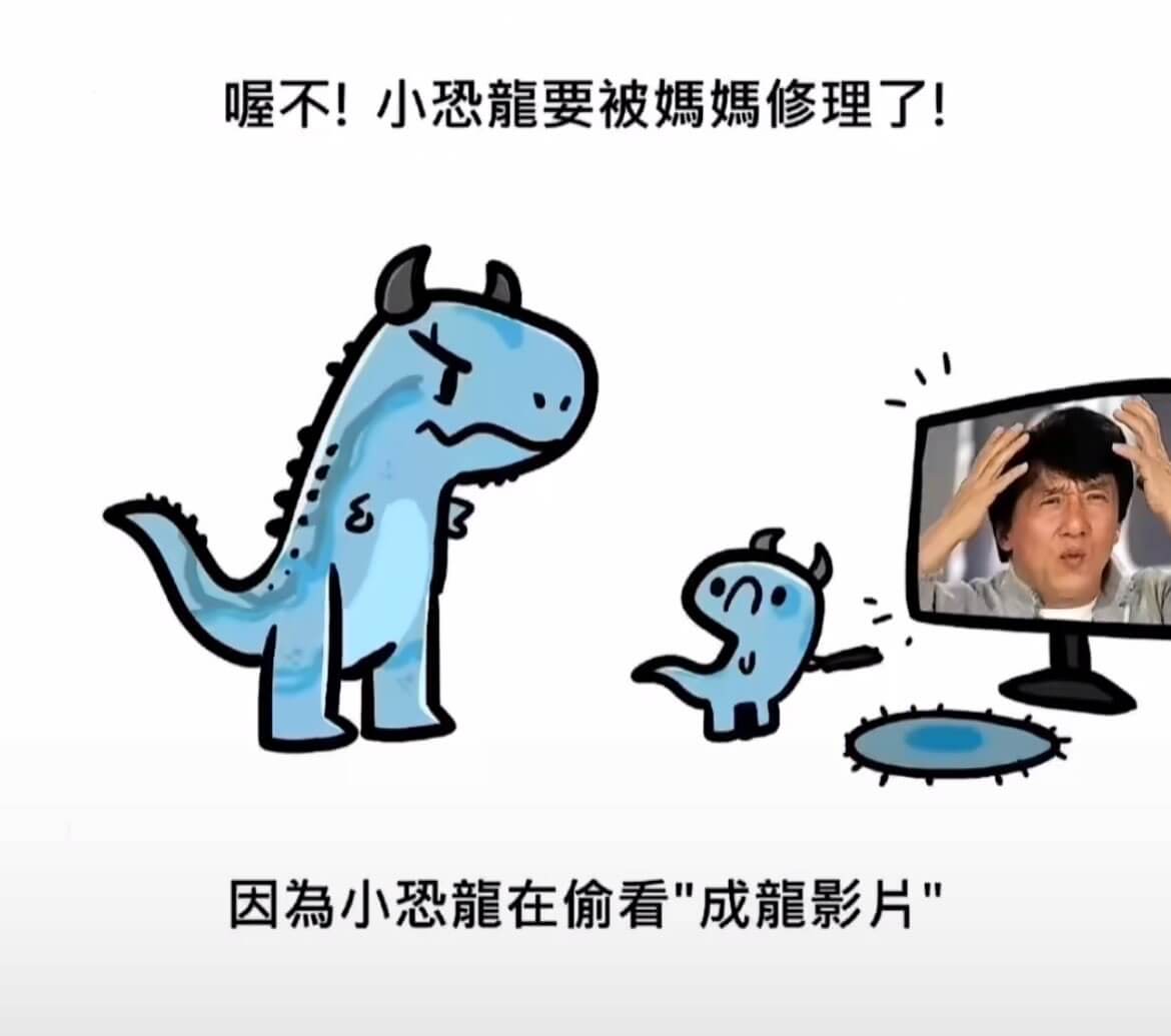 喔不!小恐龍要被媽媽修理了!因為小恐龍在偷看成龍影片。