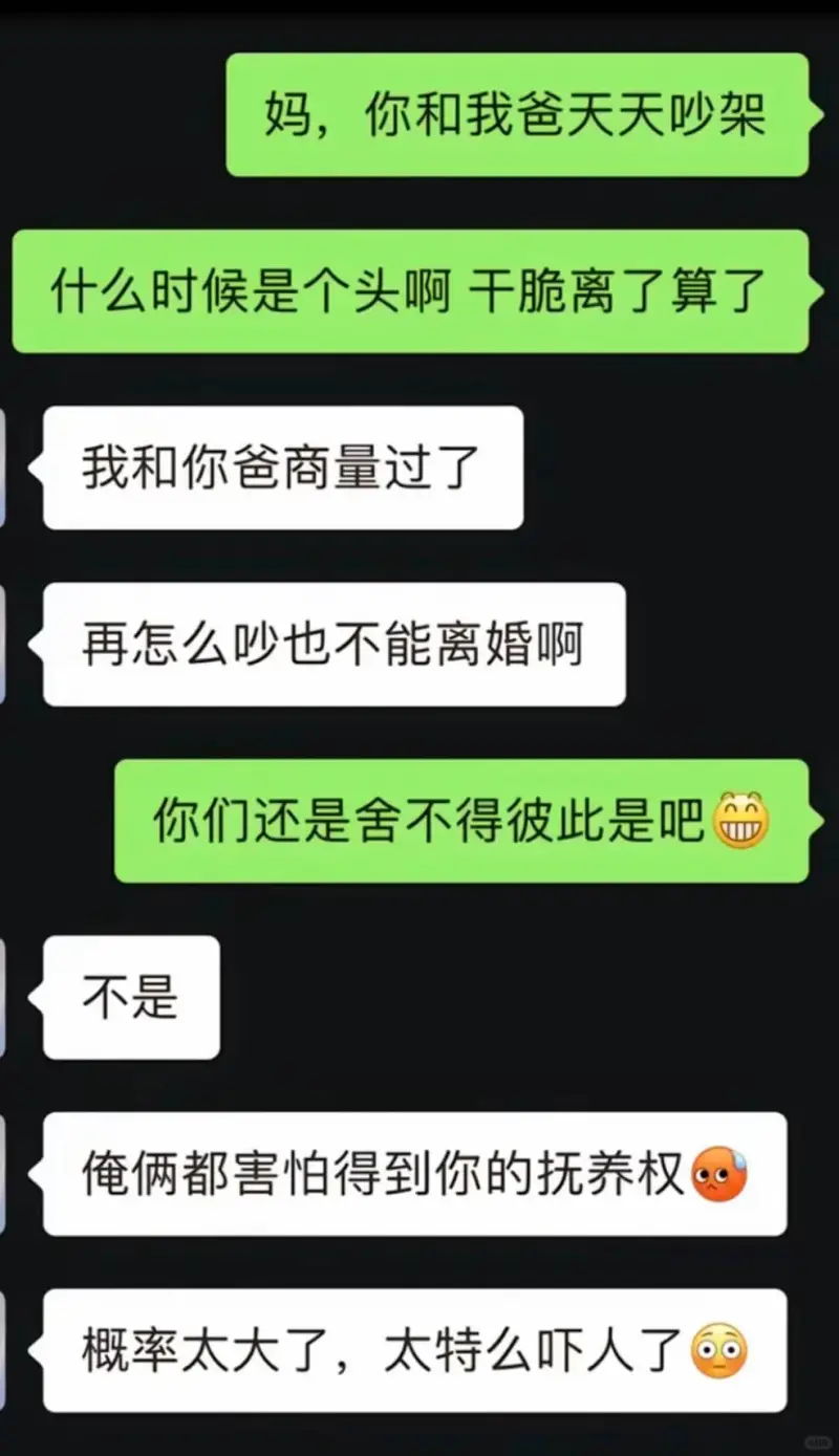 妈，你和我爸天天吵架什么时候是个头啊，干脆离了算了。我和你爸