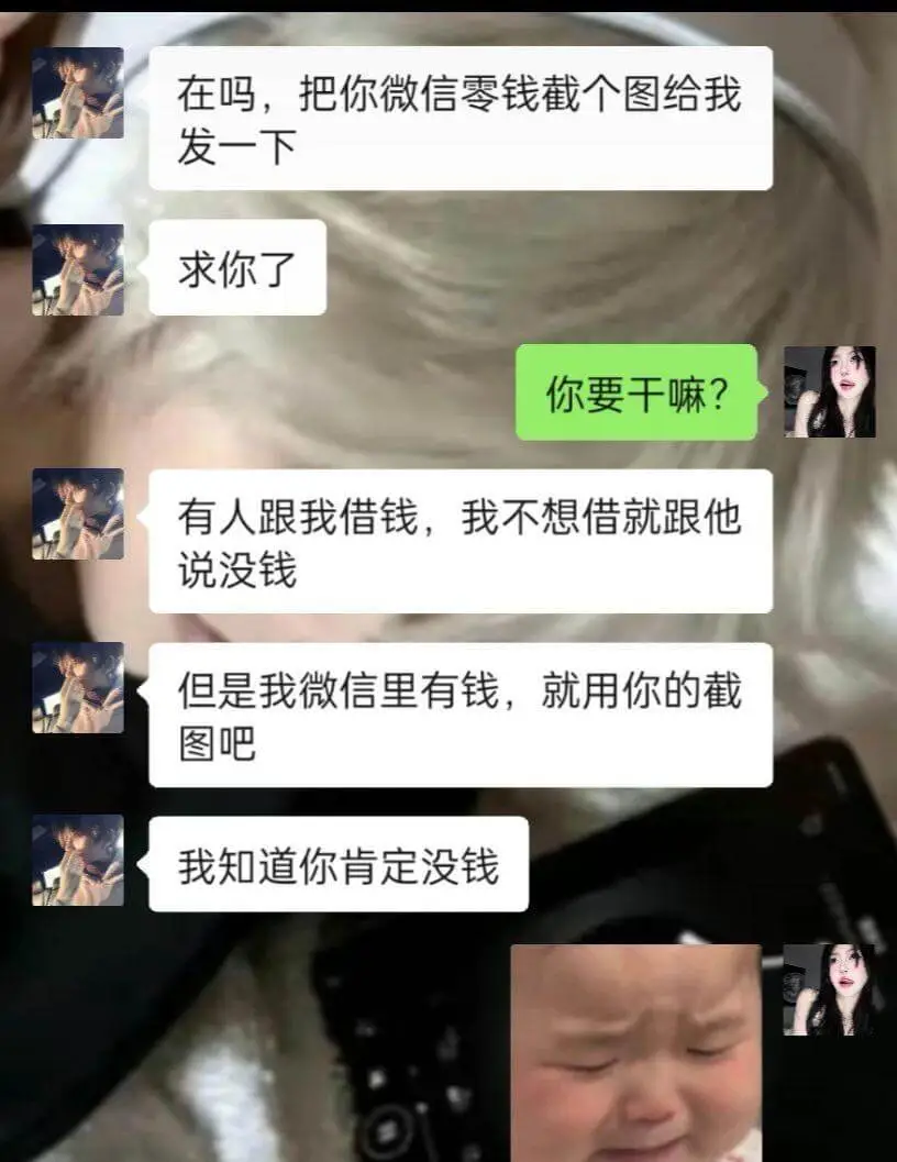 在吗，把你微信零钱截个图给我发一下。求你了。你要干嘛？有人跟