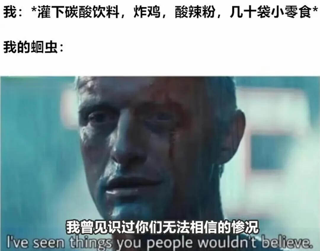 我：*灌下碳酸饮料，炸鸡，酸辣粉，几十袋小零食我的虫：我曾见