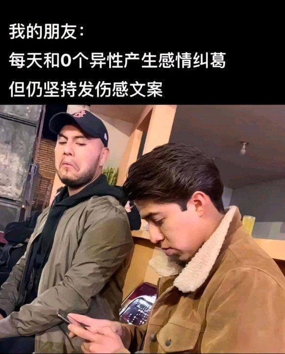 我的朋友：每天和0个异性产生感情纠葛，但仍坚持发伤感文案