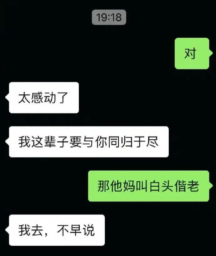 19:18对，太感动了。我这辈子要与你同归于尽，那他妈叫白头