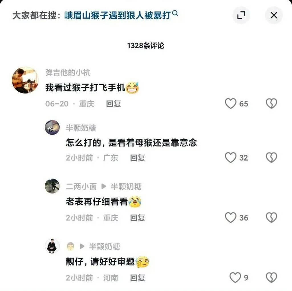 大家都在搜：峨眉山猴子遇到狠人被暴打QLX1328条评论弹吉