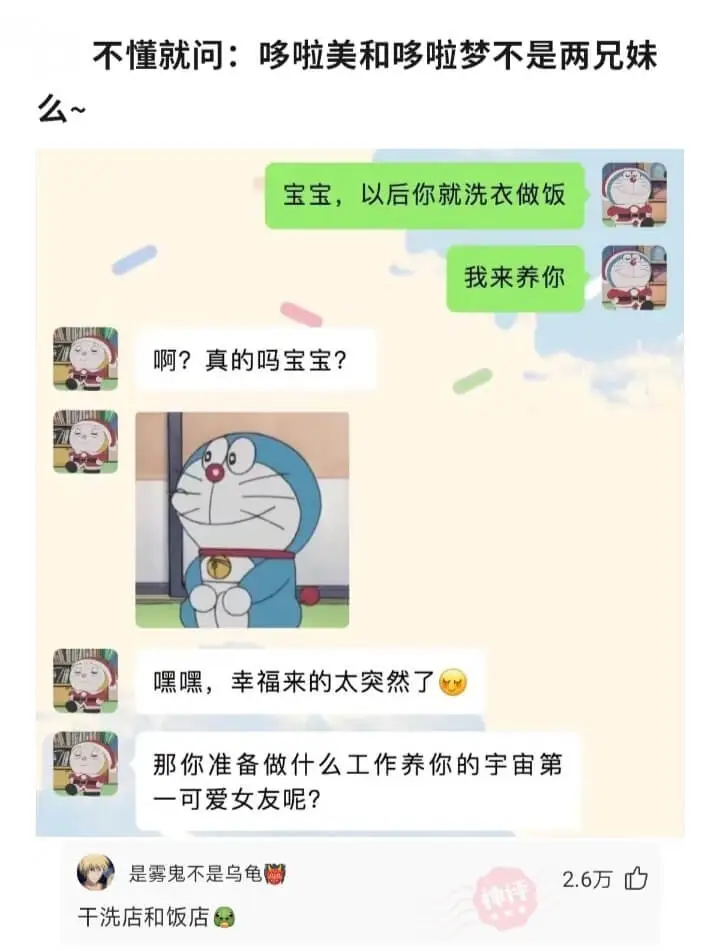 不懂就问:哆啦美和哆啦梦不是两兄妹宝宝，以后你就洗衣做饭我来