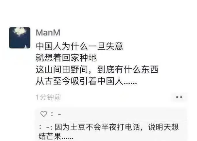 ManM中国人为什么一旦失意就想着回家种地这山间田野间，到底