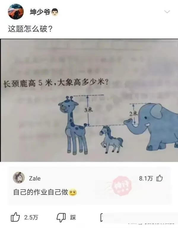 这题怎么破?长颈鹿高5米,大象高多少米?3米2米Zale8.