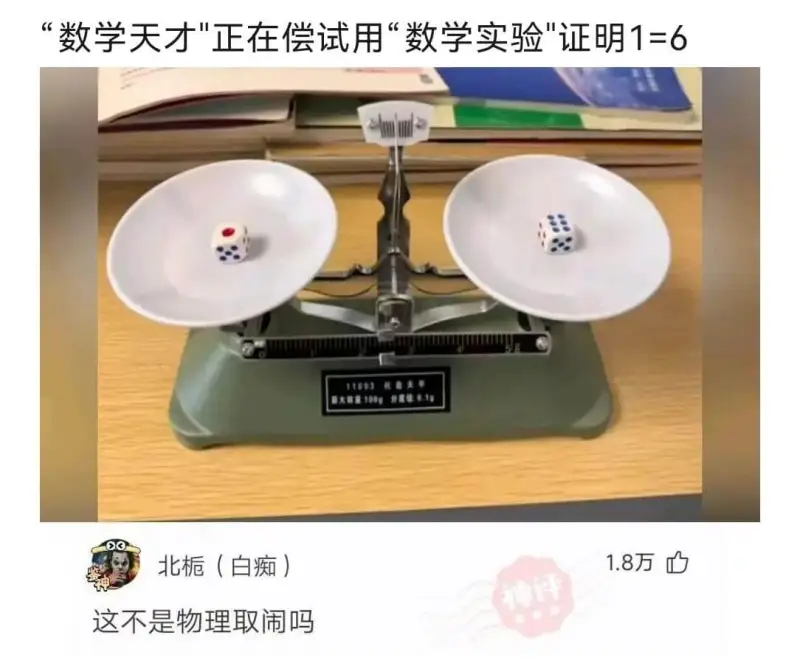 “数学天才”正在尝试用“数学实验”证明1=6托盘天平1100