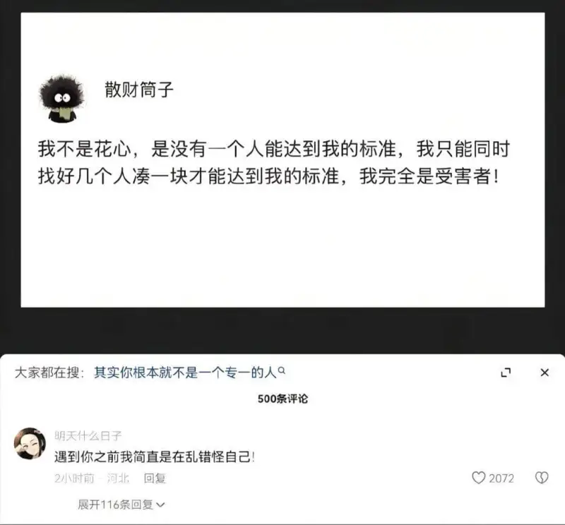 散财筒子我不是花心，是没有一个人能达到我的标准，我只能同时找