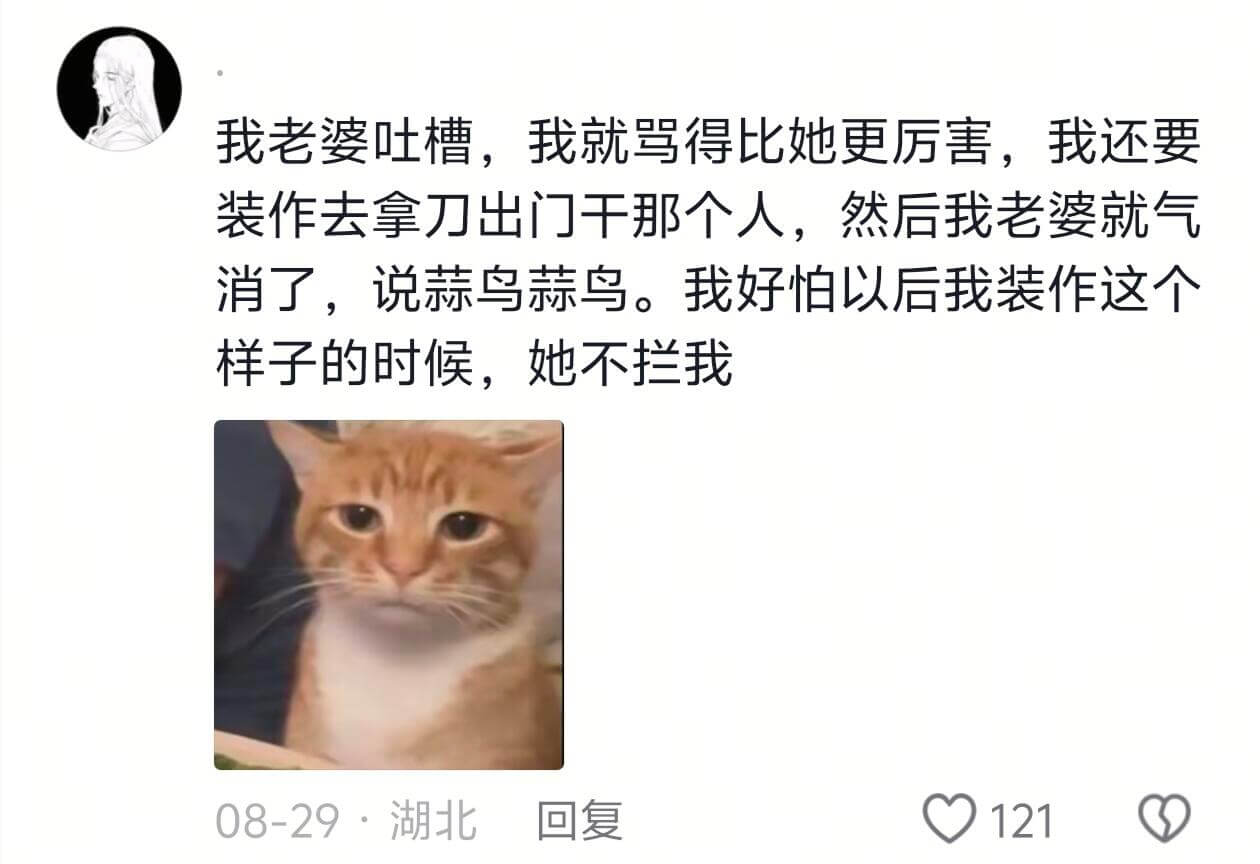 我老婆吐槽，我就骂得比她更厉害，我还要装作去拿刀出门干那个人