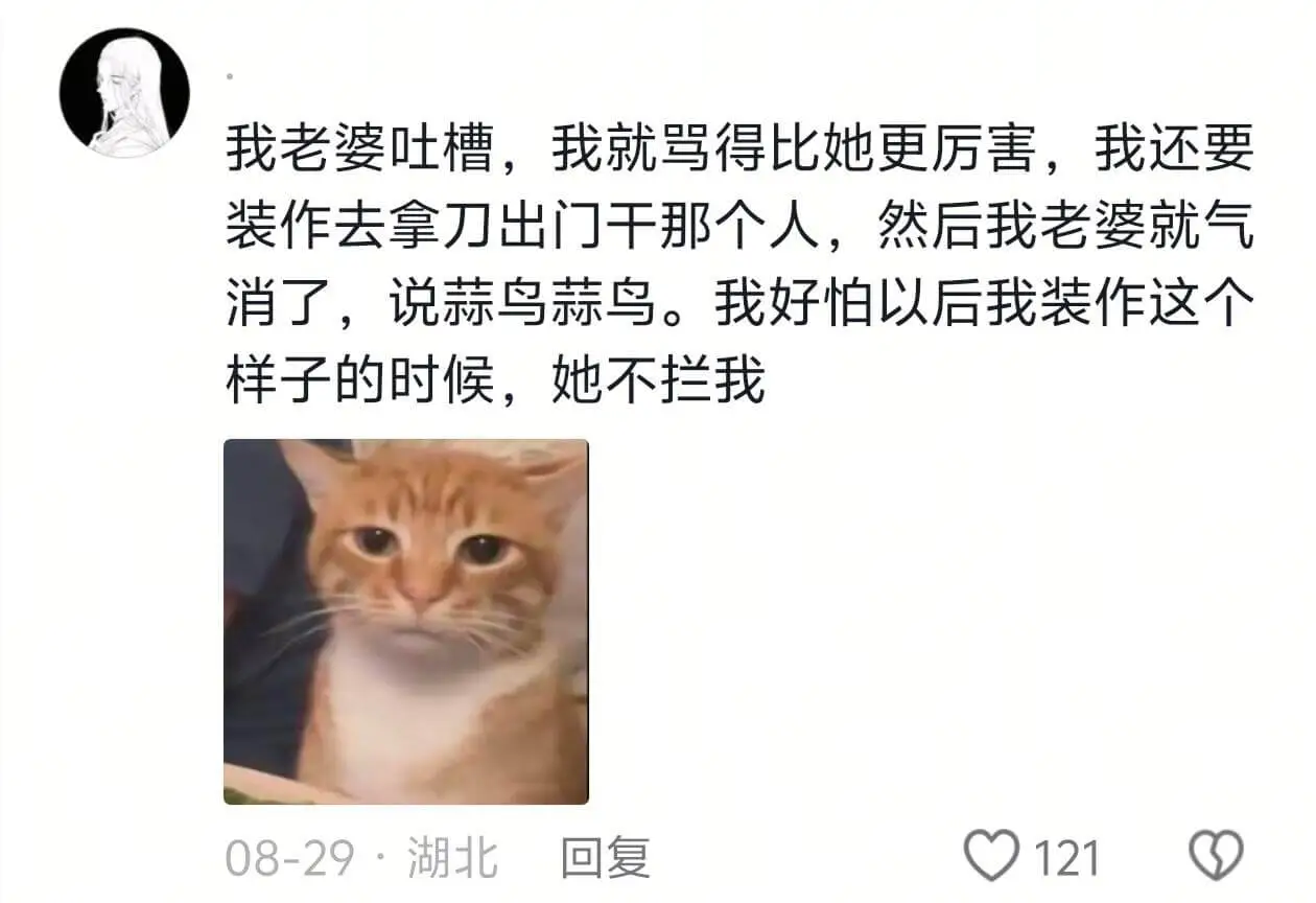 我老婆吐槽,我就骂得比她更厉害,我还要装作去拿刀出门干那个人