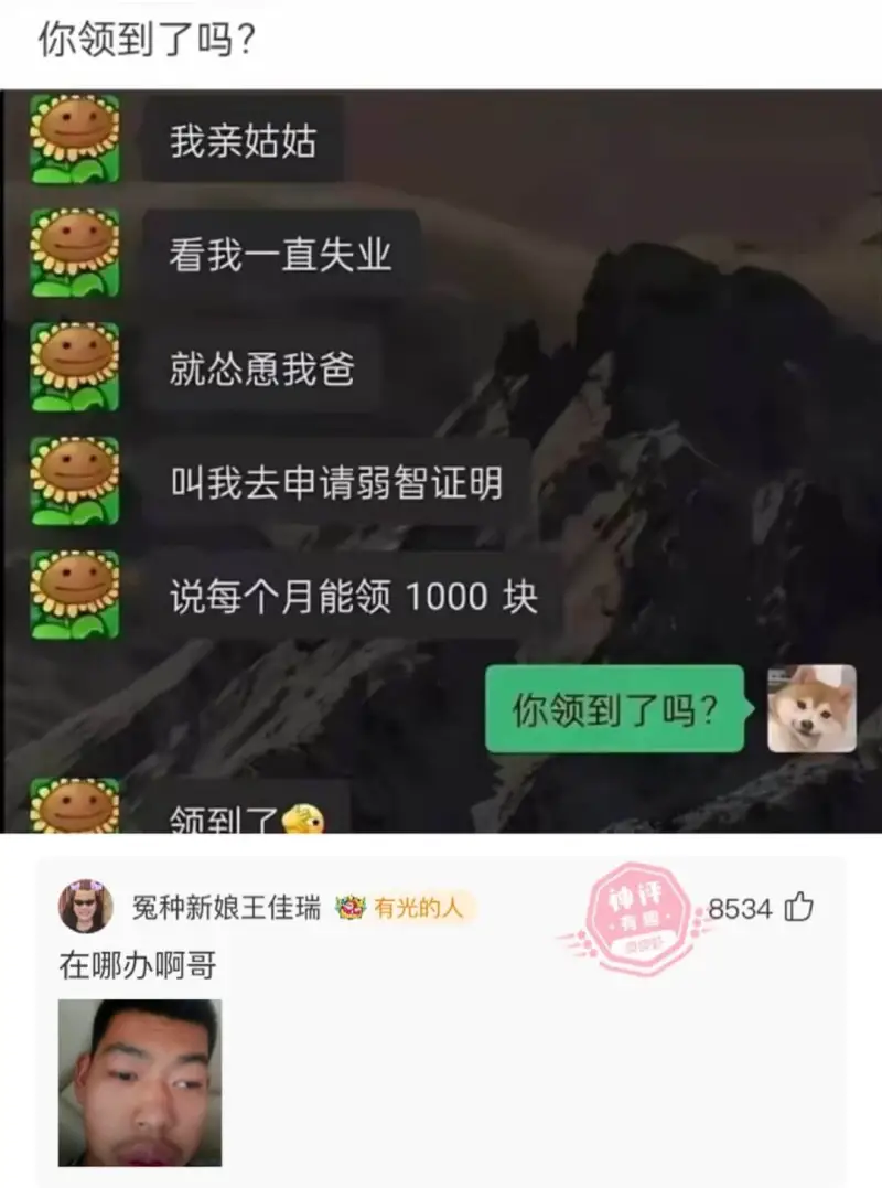你领到了吗？我亲姑姑看我一直失业就您愿我爸叫我去申请弱智证明
