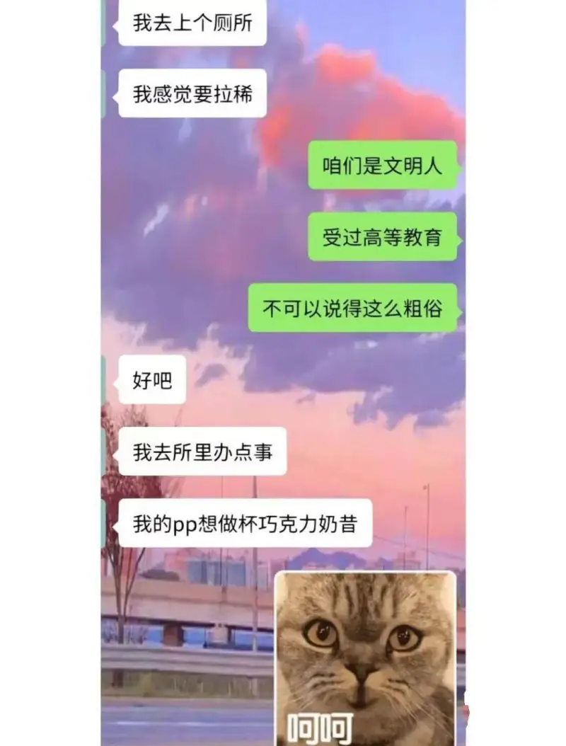 我去上个厕所我感觉要拉稀咱们是文明人受过高等教育不可以说得这