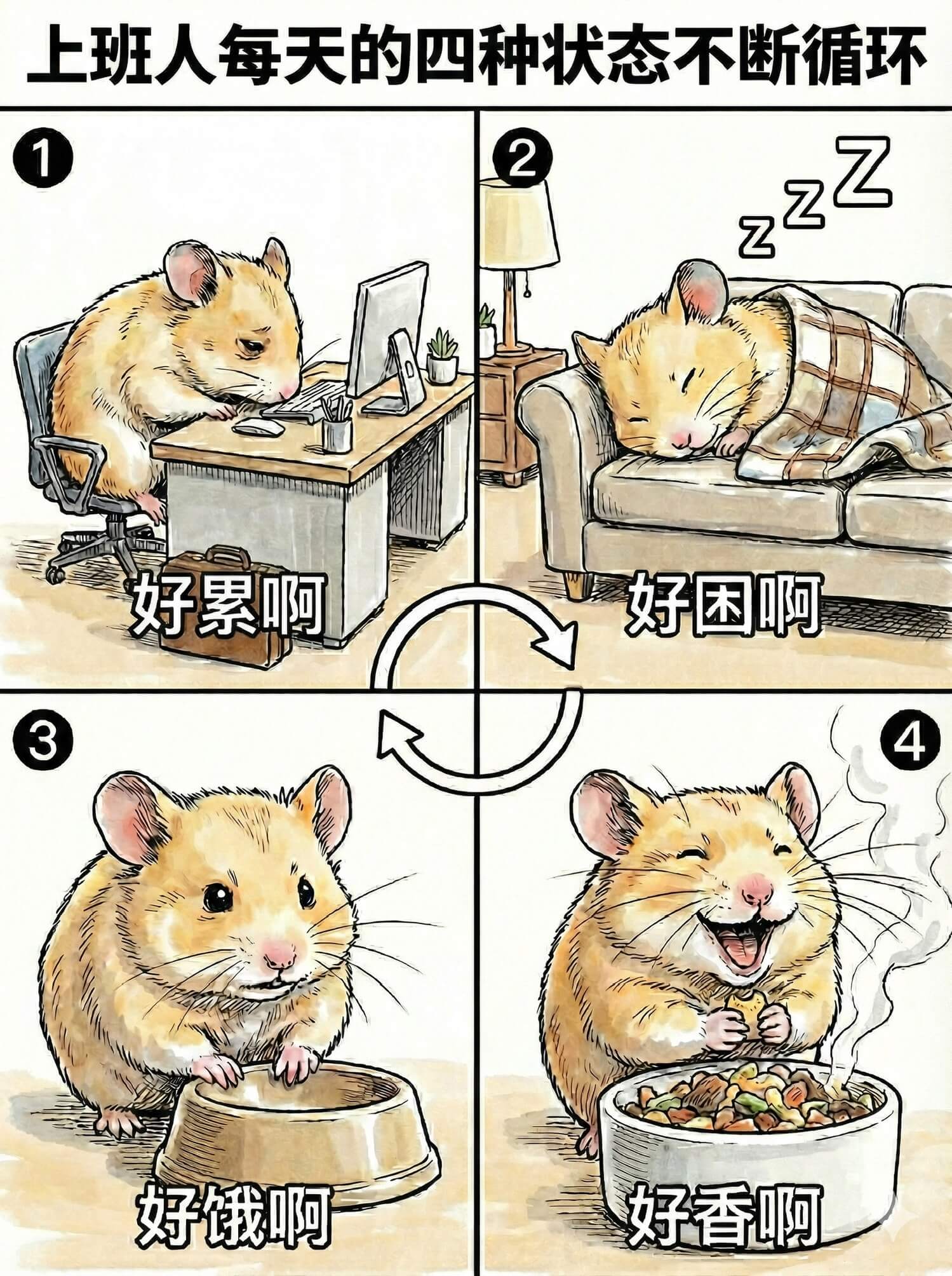 上班人每天的四种状态不断循环好累啊好困啊好饿啊好香啊