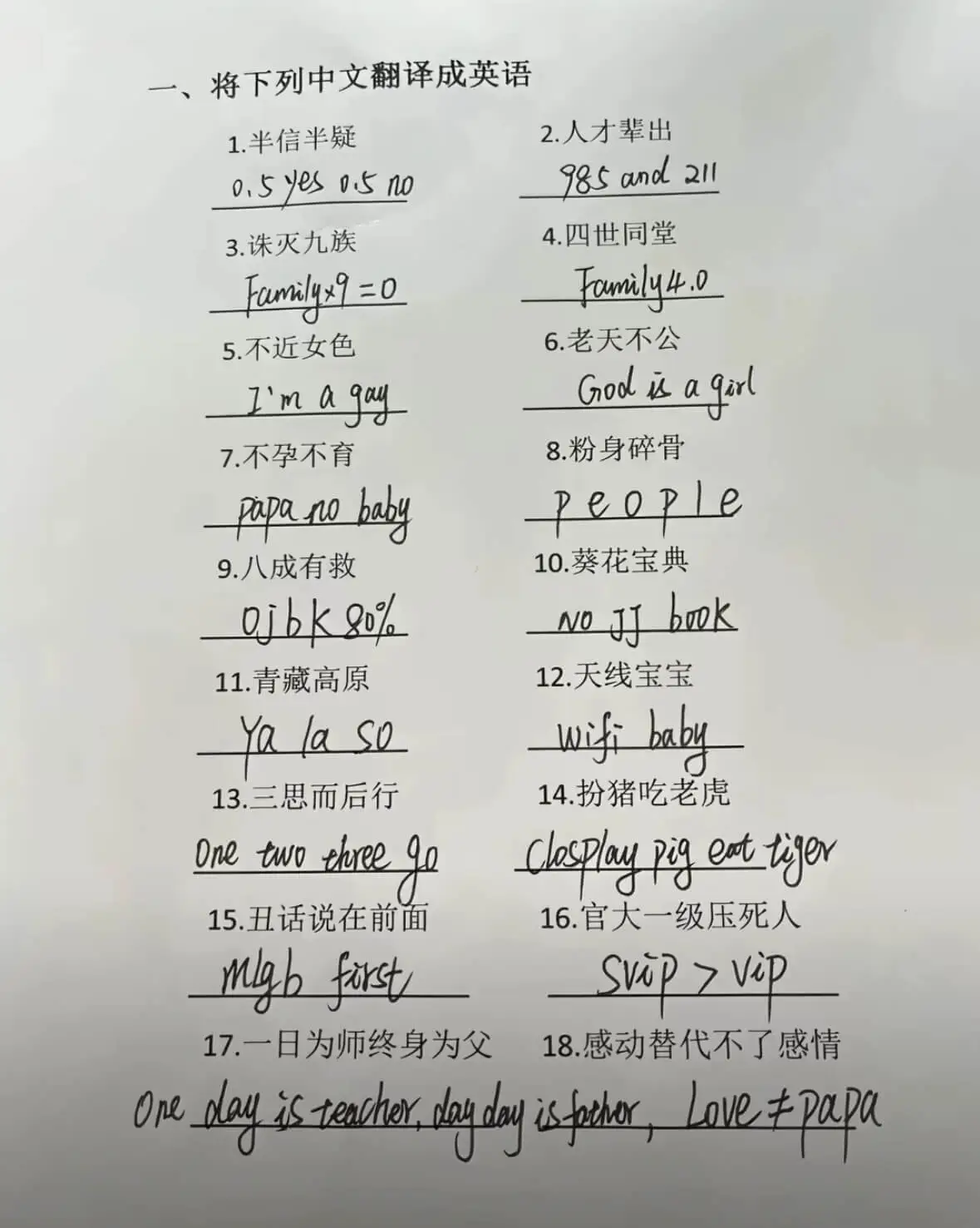 一、将下列中文翻译成英语2.人才辈出1.半信半疑985and