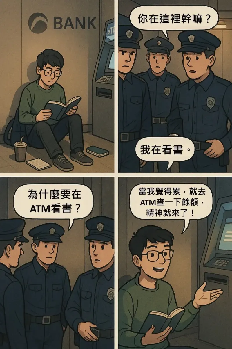 BANK你在這裡斡嘛我在看书当我觉得累，就去ATM查一下餘额