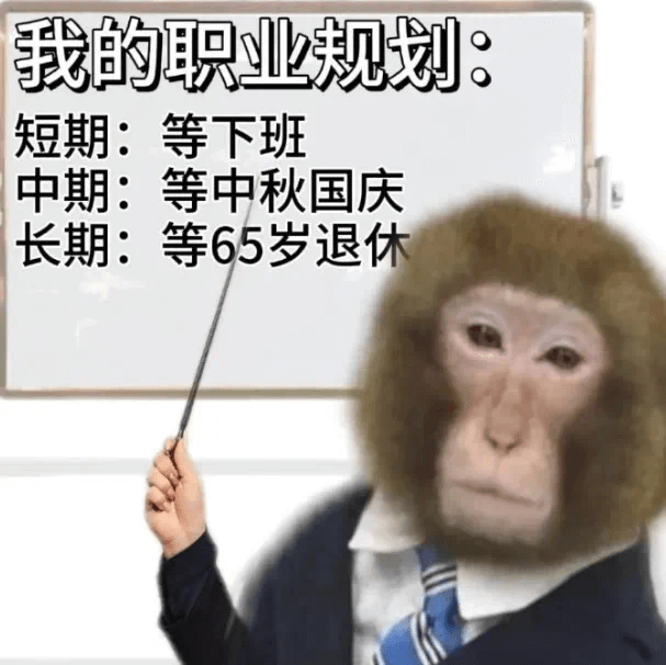 我的职业规划：短期：等下班中期：等中秋国庆长期：等65岁退休