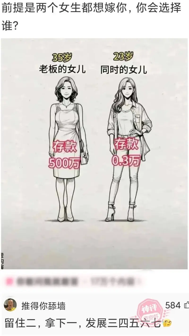 前提是两个女生都想嫁你，你会选择谁?23岁35岁老板的女儿同