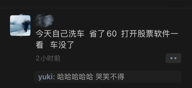 今天自己洗车省了60打开股票软件一看，车没了2小时前yuki