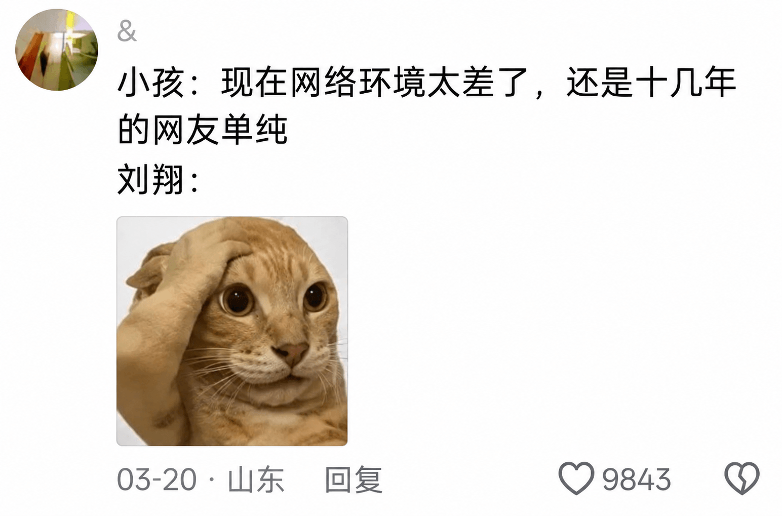 小孩：现在网络环境太差了，还是十几年的网友单纯。刘翔：03-
