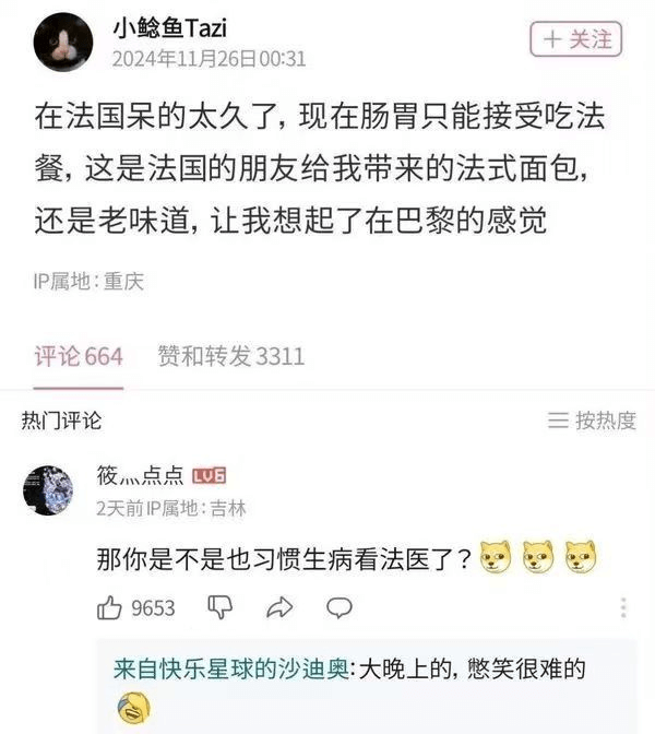 小鲶鱼Tazi十关注2024年11月26日00：31在法国呆