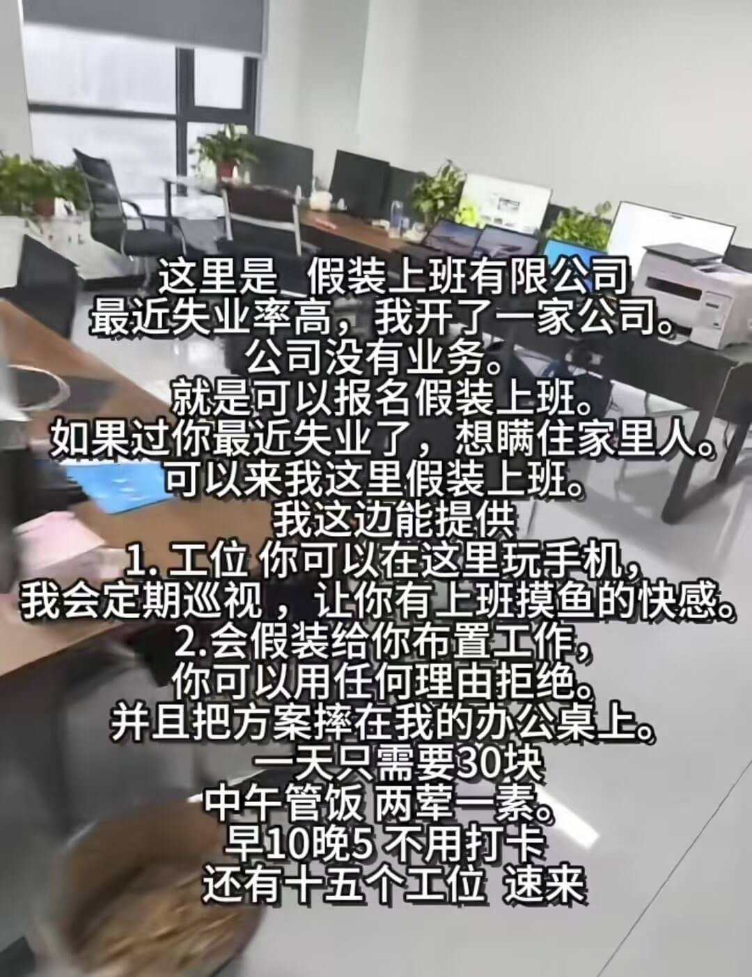 这里是假装上班有限公司。最近失业率高，我开了一家公司，公司没
