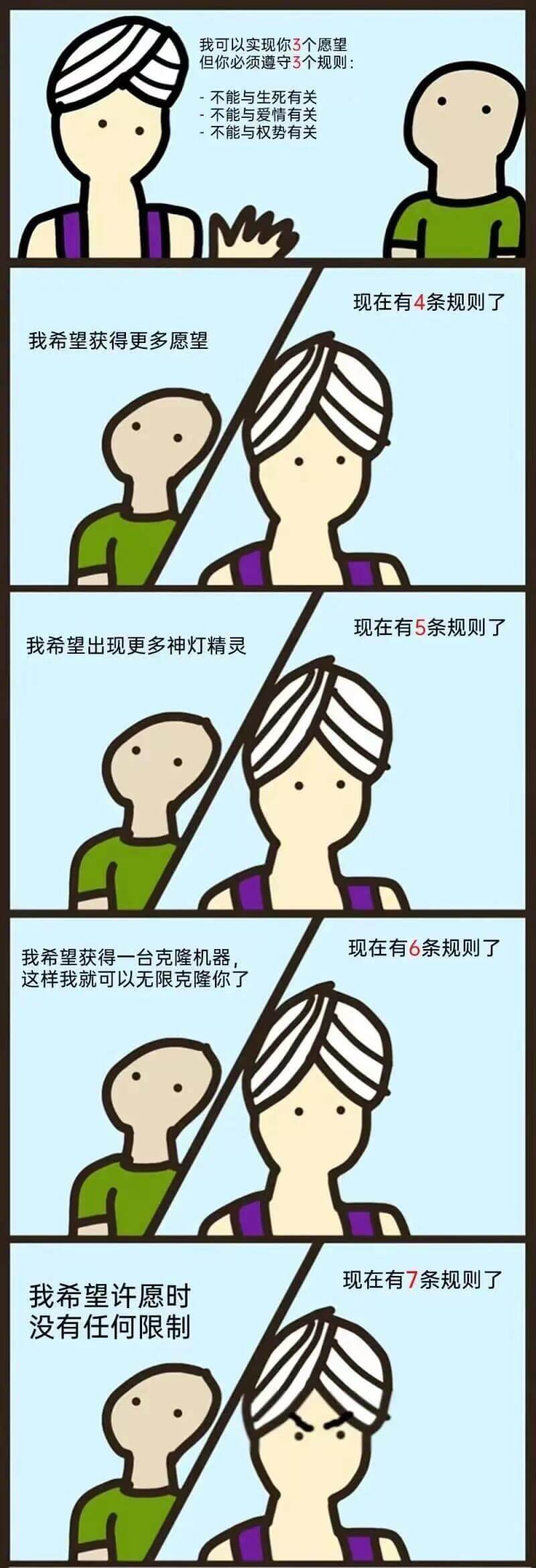 我可以实现你3个愿望但你必须遵守3个规则：不能与生死有关不能