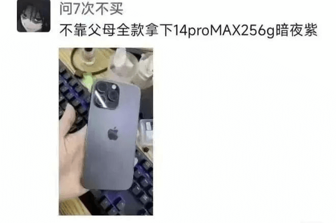 问7次不买不靠父母，全款拿下14proMAX256g暗夜紫