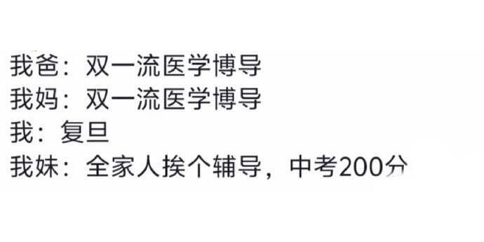 我爸：双一流医学博导我妈：双一流医学博导我：复旦我妹：全家人