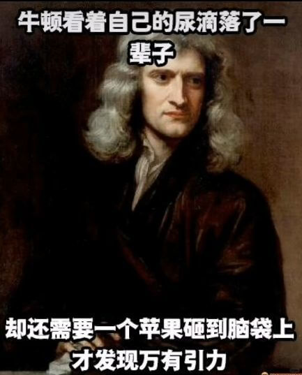 牛顿看着自己的尿滴落了一辈子，却还需要一个苹果砸到脑袋上，才