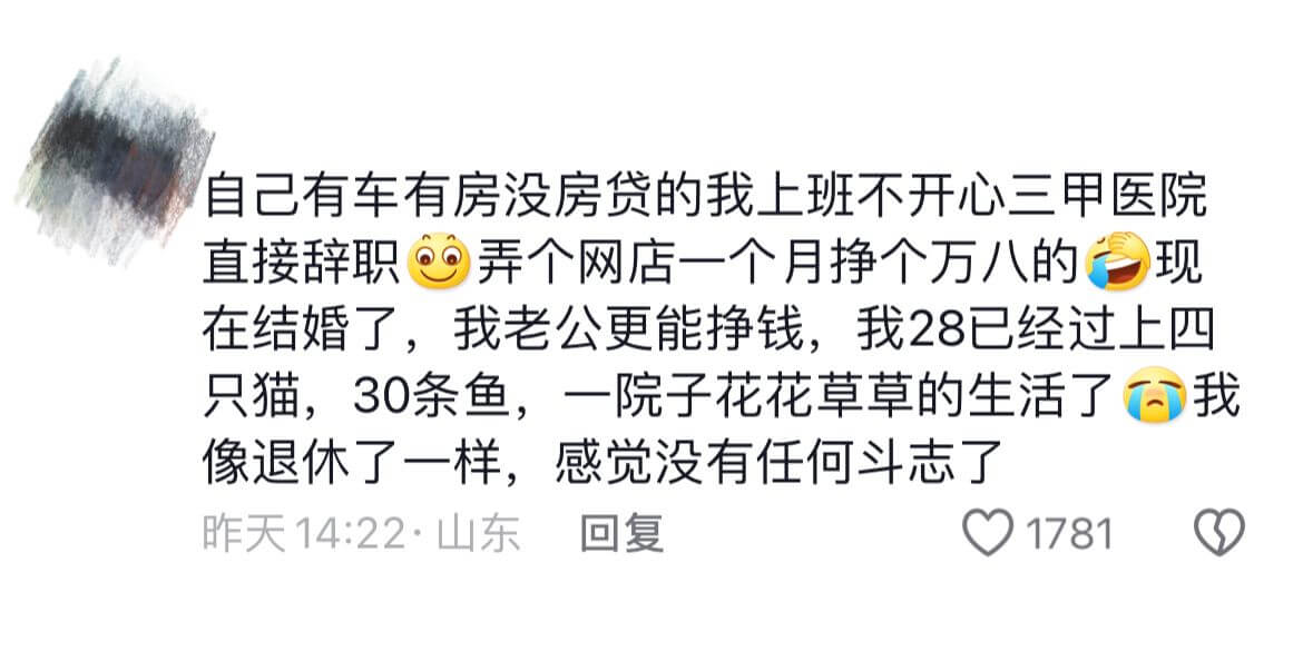 自己有车有房没房贷的我上班不开心三甲医院直接辞职弄个网店一个