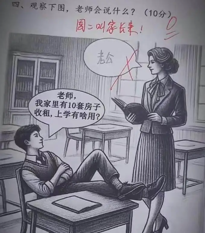 四、观察下图，老师会说什么？(10分)周二叫家长来！老师，我