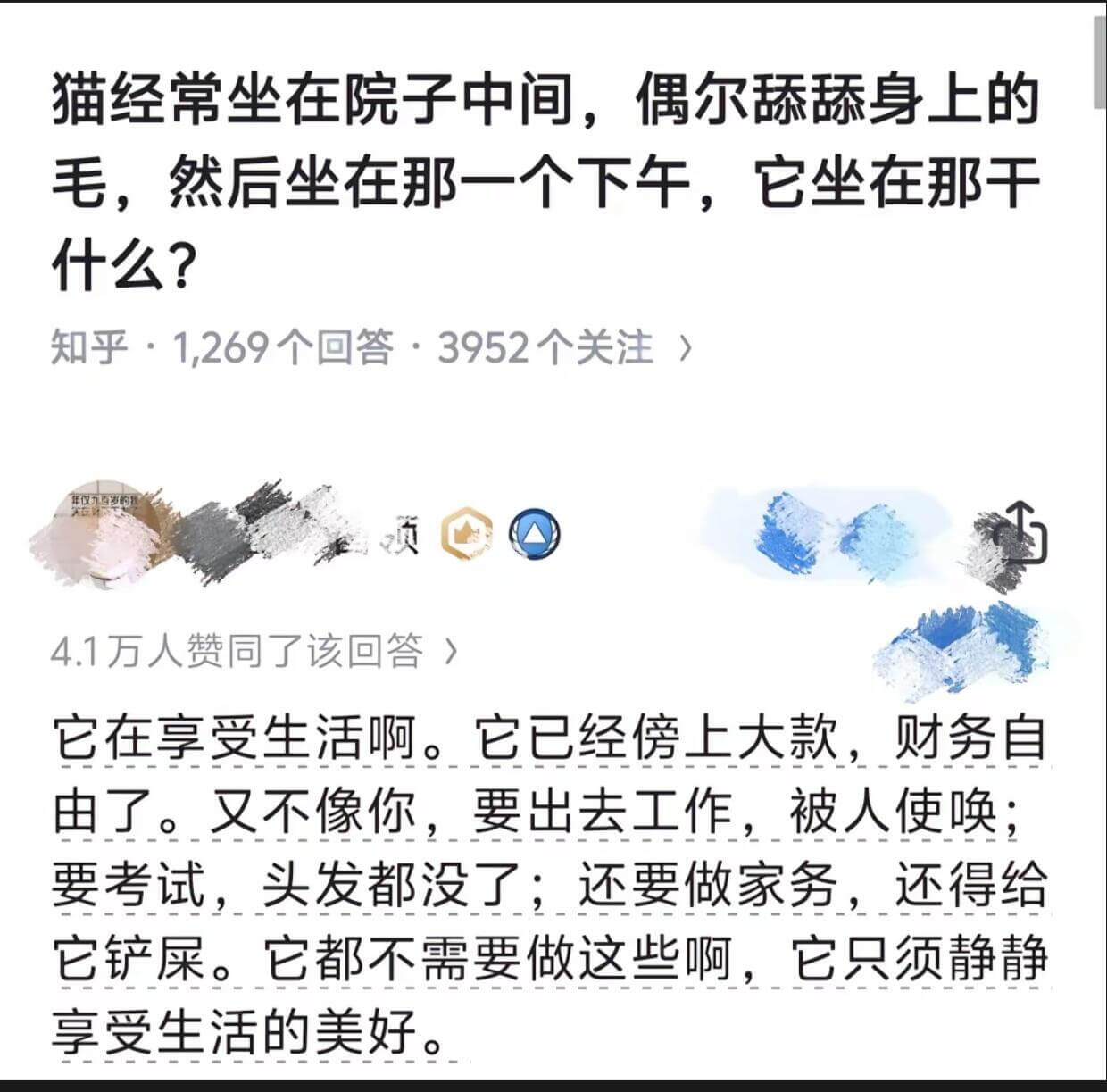 猫经常坐在院子中间，偶尔舔舔身上的毛，然后坐在那一个下午。它